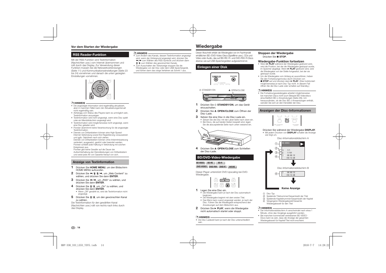 Rss reader-funktion, Anzeige von textinformation, Wiedergabe | Einlegen einer disk bd/dvd-video-wiedergabe, Anzeigen der disc-informationen, Standby/on pqls usb fl off hdmi open/close | Pioneer BDP-LX53 User Manual | Page 46 / 156