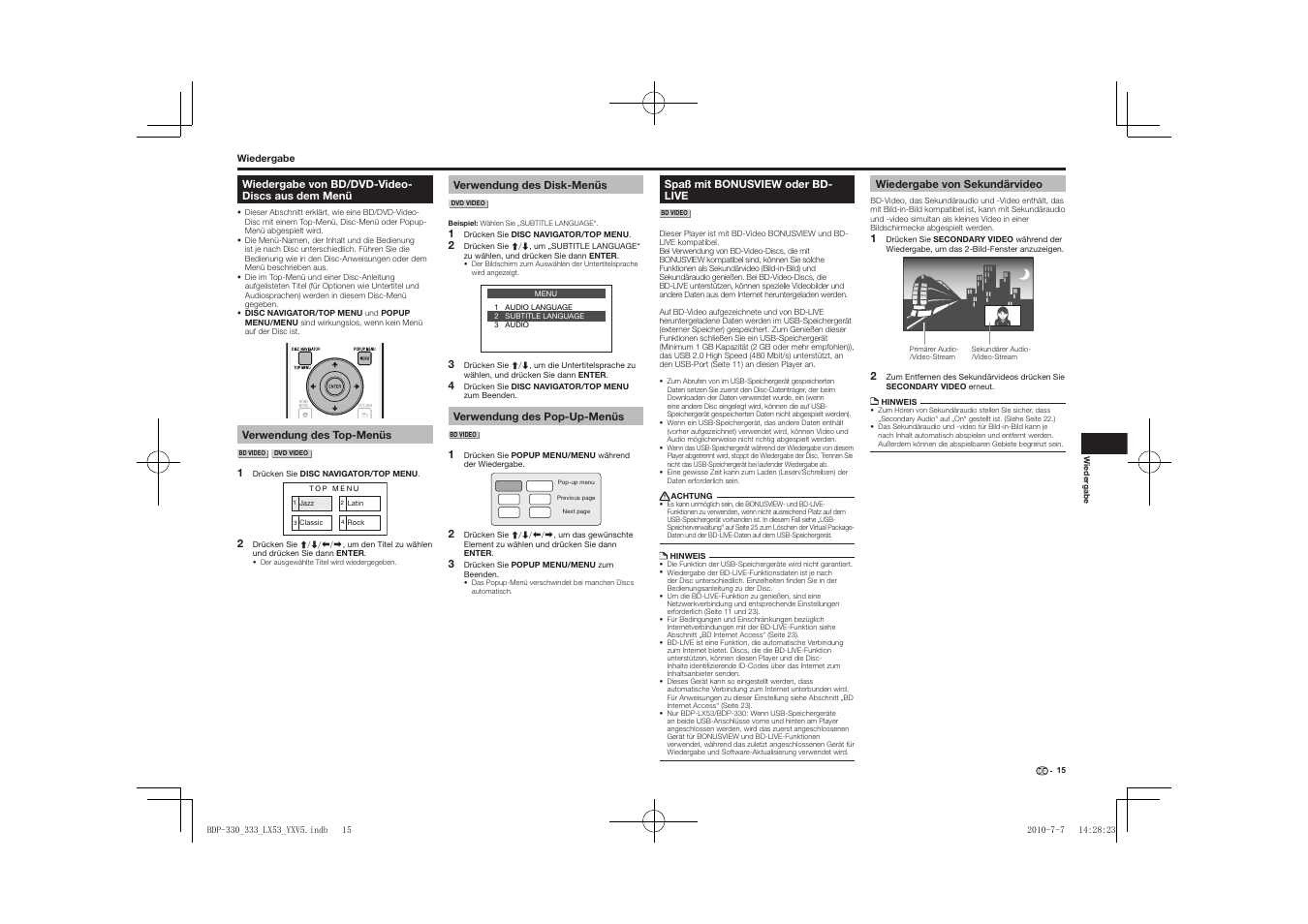 Wiedergabe von bd/dvd-video-discs aus dem menü, Spaß mit bonusview oder bd-live, Wiedergabe von sekundärvideo | Pioneer BDP-LX53 User Manual | Page 47 / 156