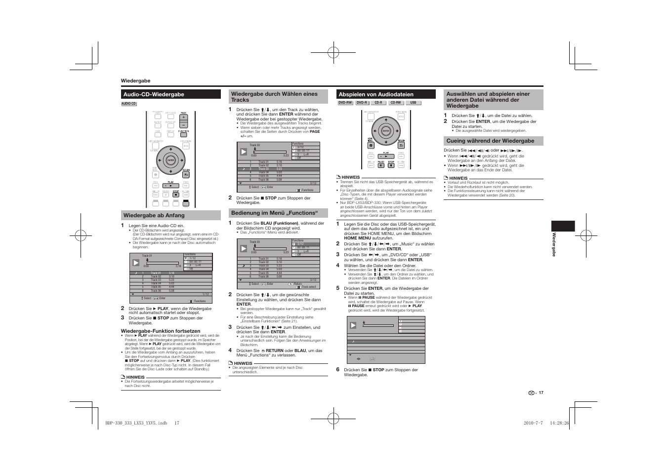 Audio-cd-wiedergabe, Abspielen von audiodateien, Auswählen und abspielen einer anderen datei | Während der wiedergabe, Cueing während der wiedergabe | Pioneer BDP-LX53 User Manual | Page 49 / 156