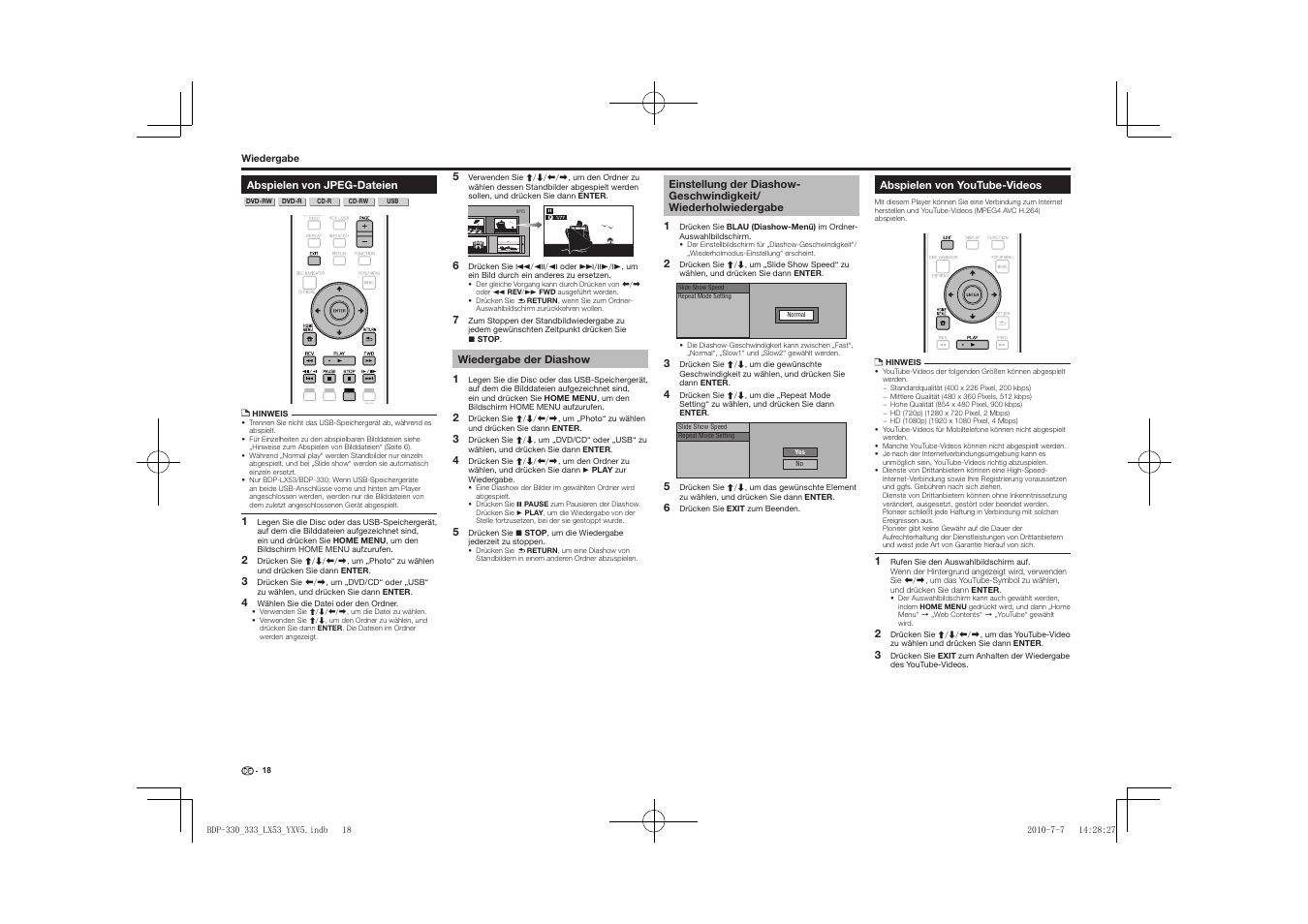 Abspielen von jpeg-dateien, Wiederholwiedergabe, Abspielen von youtube-videos | Pioneer BDP-LX53 User Manual | Page 50 / 156