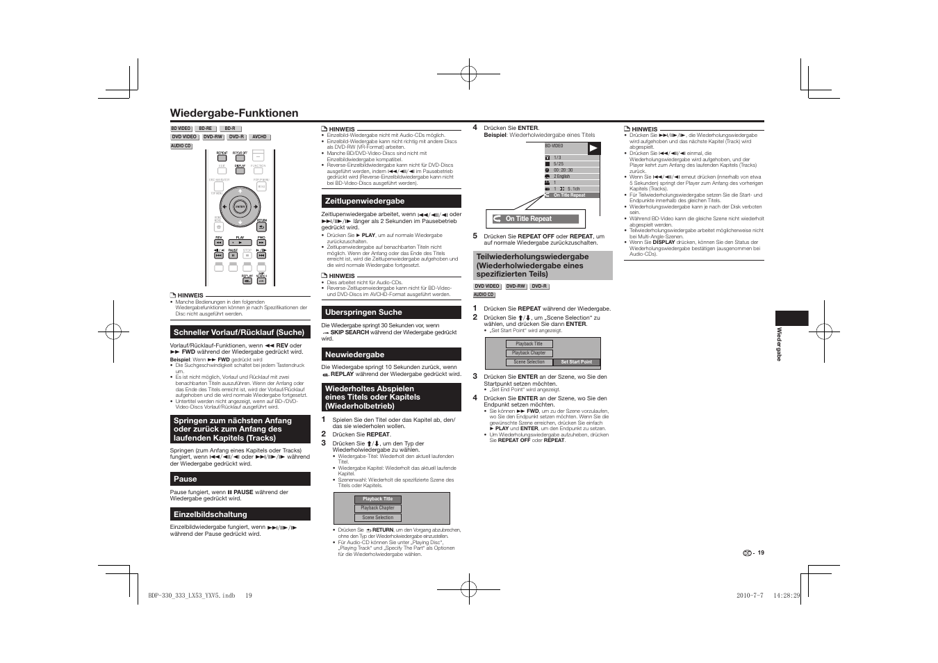 Wiedergabe-funktionen, Anfang des laufenden kapitels (tracks), Wiederholbetrieb) | Teilwiederholungswiedergabe, Wiederholwiedergabe eines spezifizierten teils) | Pioneer BDP-LX53 User Manual | Page 51 / 156
