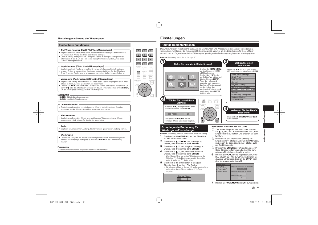 Einstellbare funktionen, Einstellungen | Pioneer BDP-LX53 User Manual | Page 53 / 156