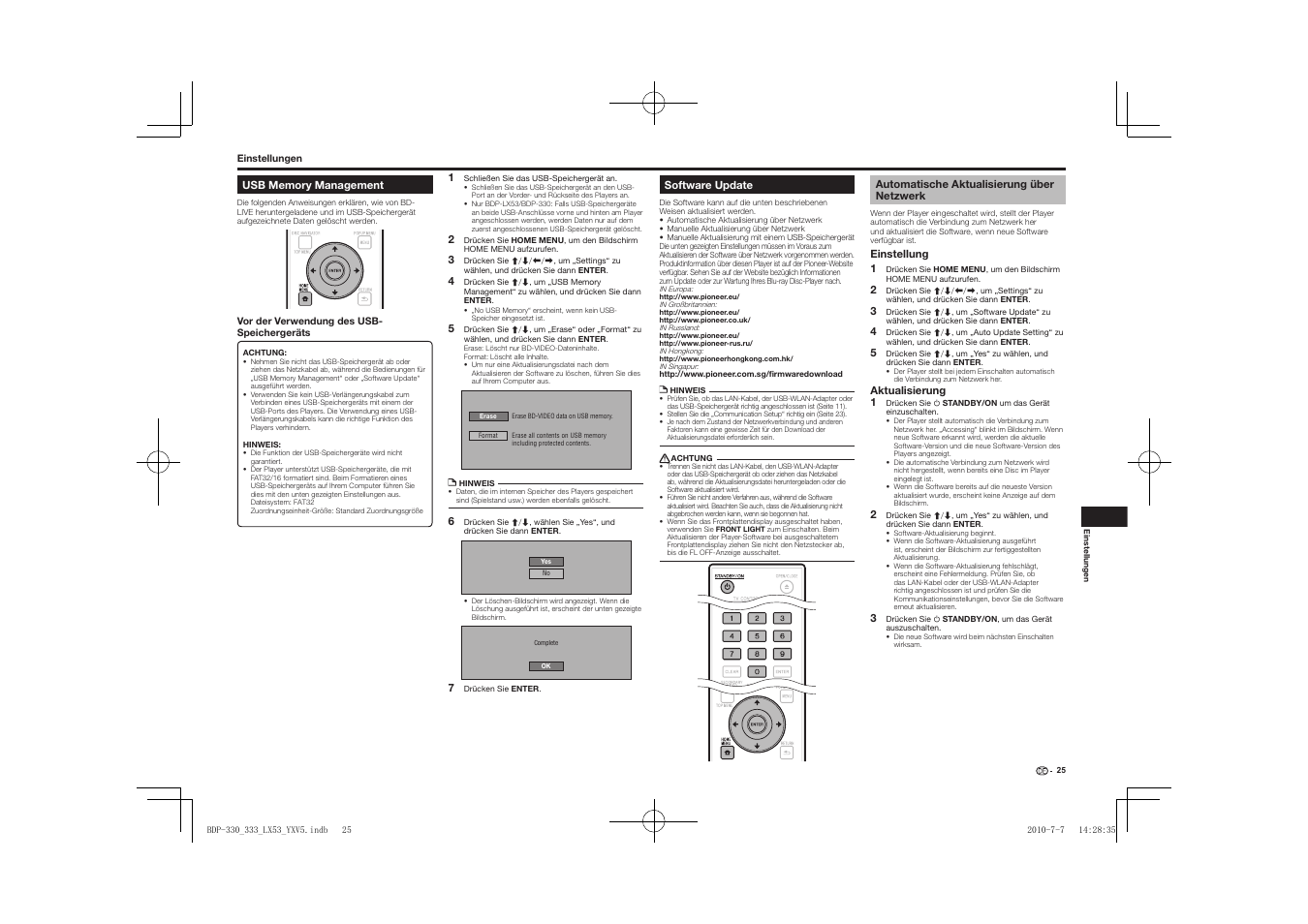 Usb memory management software update, Automatische aktualisierung über netzwerk | Pioneer BDP-LX53 User Manual | Page 57 / 156