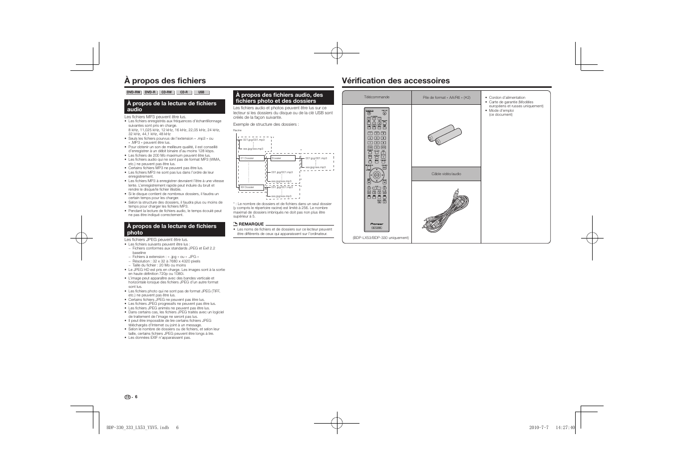 À propos des fichiers, Dossiers, Vérification des accessoires | Pioneer BDP-LX53 User Manual | Page 6 / 156