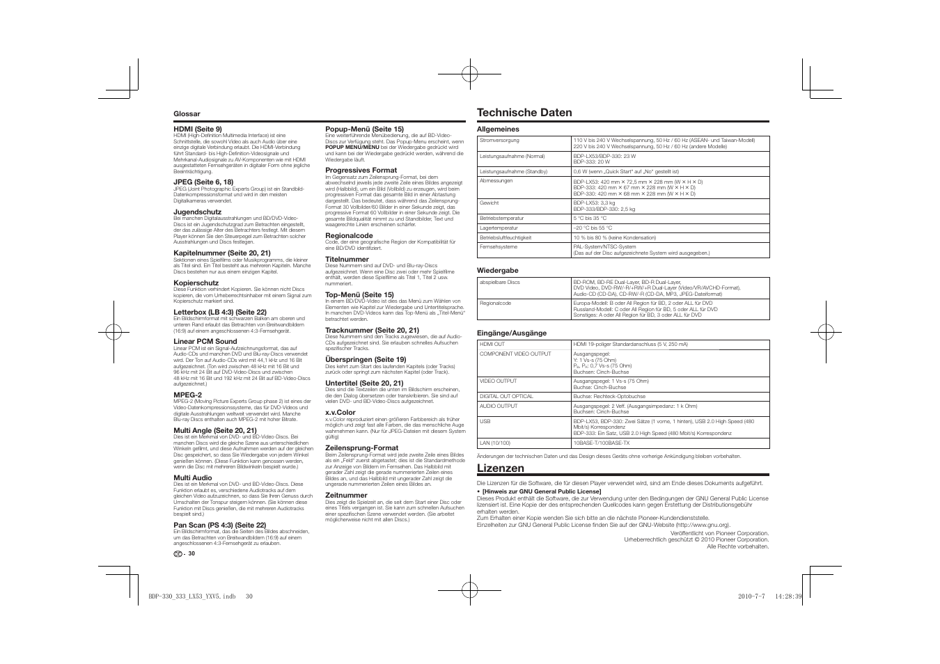 Technische daten lizenzen, Technische daten, Lizenzen | Pioneer BDP-LX53 User Manual | Page 62 / 156