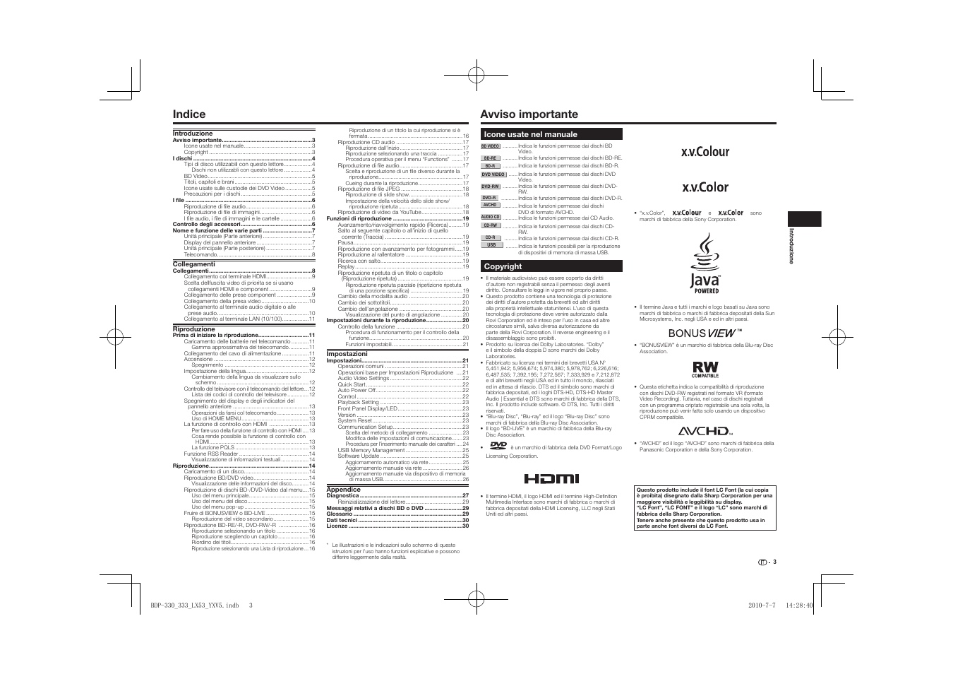 Uzioni per l’uso, Riproduttore di blu-ray disc, Indice | Avviso importante | Pioneer BDP-LX53 User Manual | Page 65 / 156