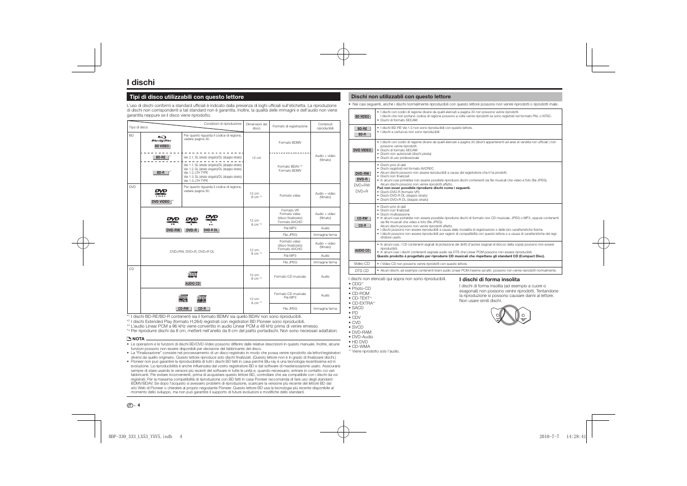 I dischi, Tipi di disco utilizzabili con questo lettore, Dischi non utilizzabli con questo lettore | Pioneer BDP-LX53 User Manual | Page 66 / 156