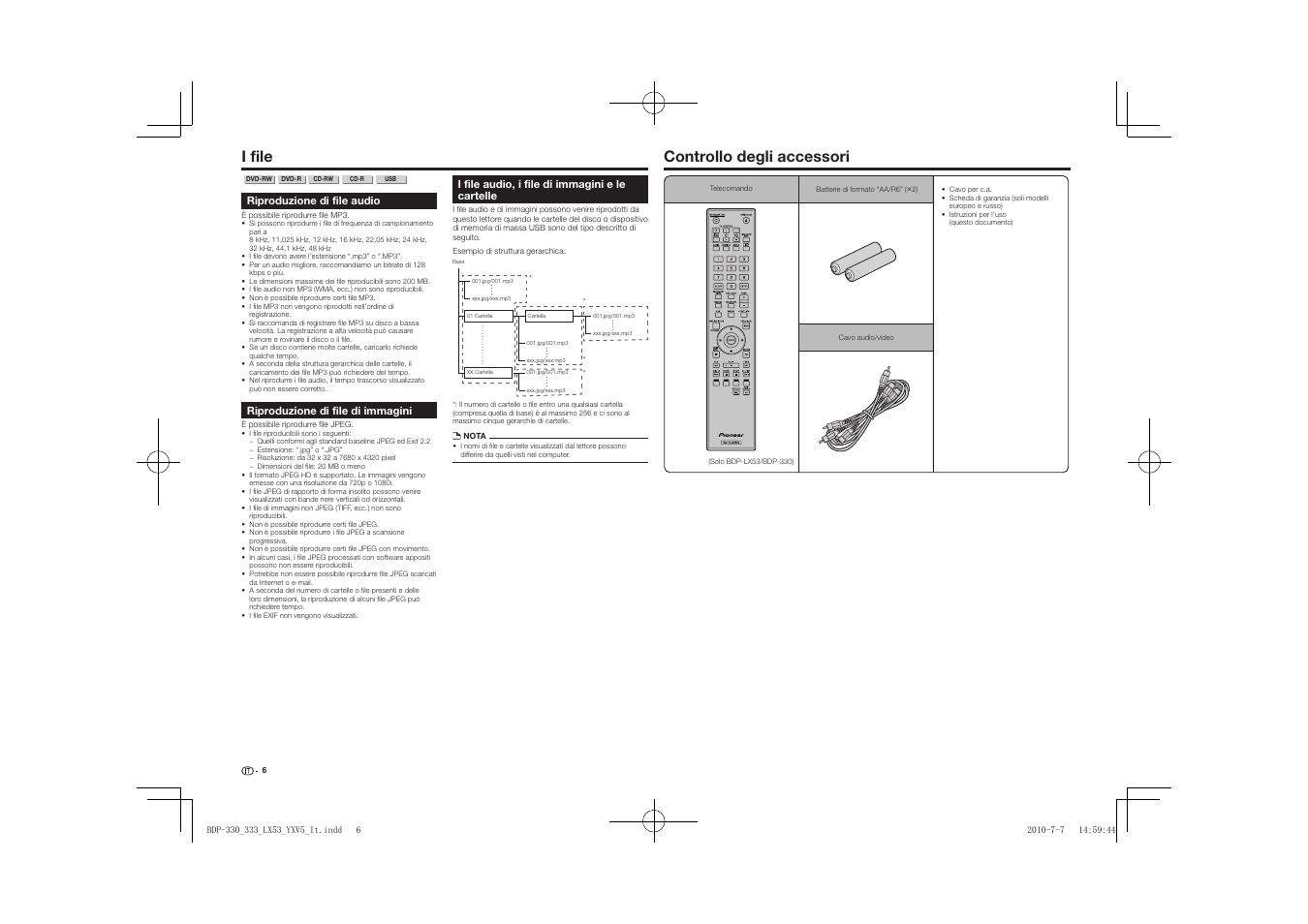 I file, Controllo degli accessori, Controllo degli accessori i file | Pioneer BDP-LX53 User Manual | Page 68 / 156