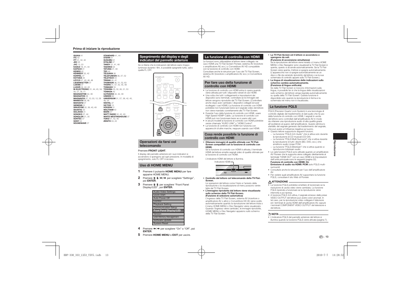 Spegnimento del display e degli indicatori del, Pannello anteriore, La funzione di controllo con hdmi | Hdmi, La funzione pqls, Pqls usb fl off hdmi open/close | Pioneer BDP-LX53 User Manual | Page 75 / 156