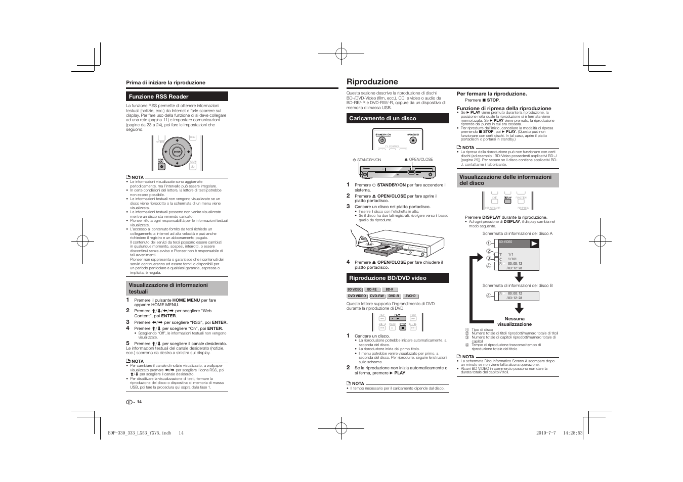 Funzione rss reader, Visualizzazione di informazioni testuali, Riproduzione | Caricamento di un disco riproduzione bd/dvd video, Visualizzazione delle informazioni del disco, Standby/on pqls usb fl off hdmi open/close | Pioneer BDP-LX53 User Manual | Page 76 / 156