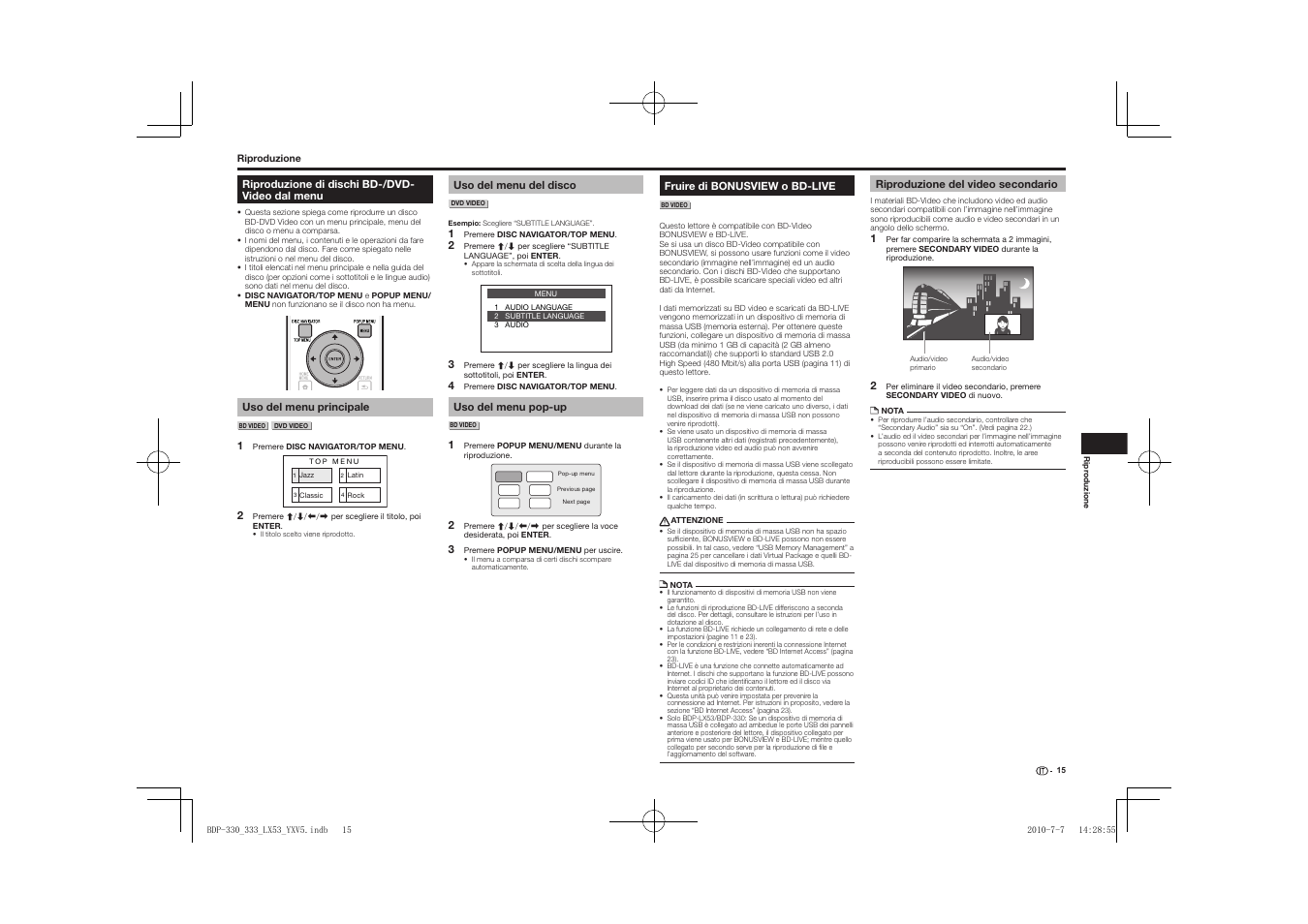 Riproduzione di dischi bd-/dvd-video dal menu, Fruire di bonusview o bd-live, Riproduzione del video secondario | Pioneer BDP-LX53 User Manual | Page 77 / 156