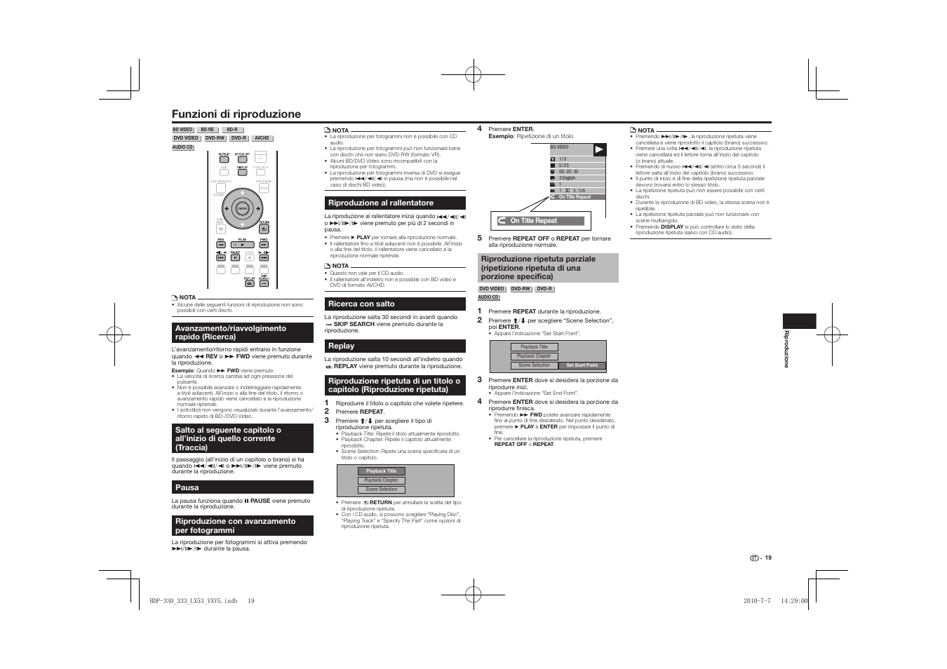 Funzioni di riproduzione, Corrente (traccia), Riproduzione ripetuta) | Di una porzione specifica) | Pioneer BDP-LX53 User Manual | Page 81 / 156