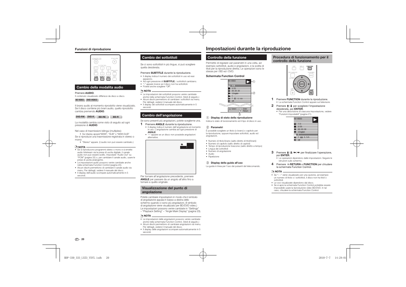 Visualizzazione del punto di angolazione, Impostazioni durante la riproduzione, Controllo della funzione | Procedura di funzionamento per il controllo della, Funzione | Pioneer BDP-LX53 User Manual | Page 82 / 156