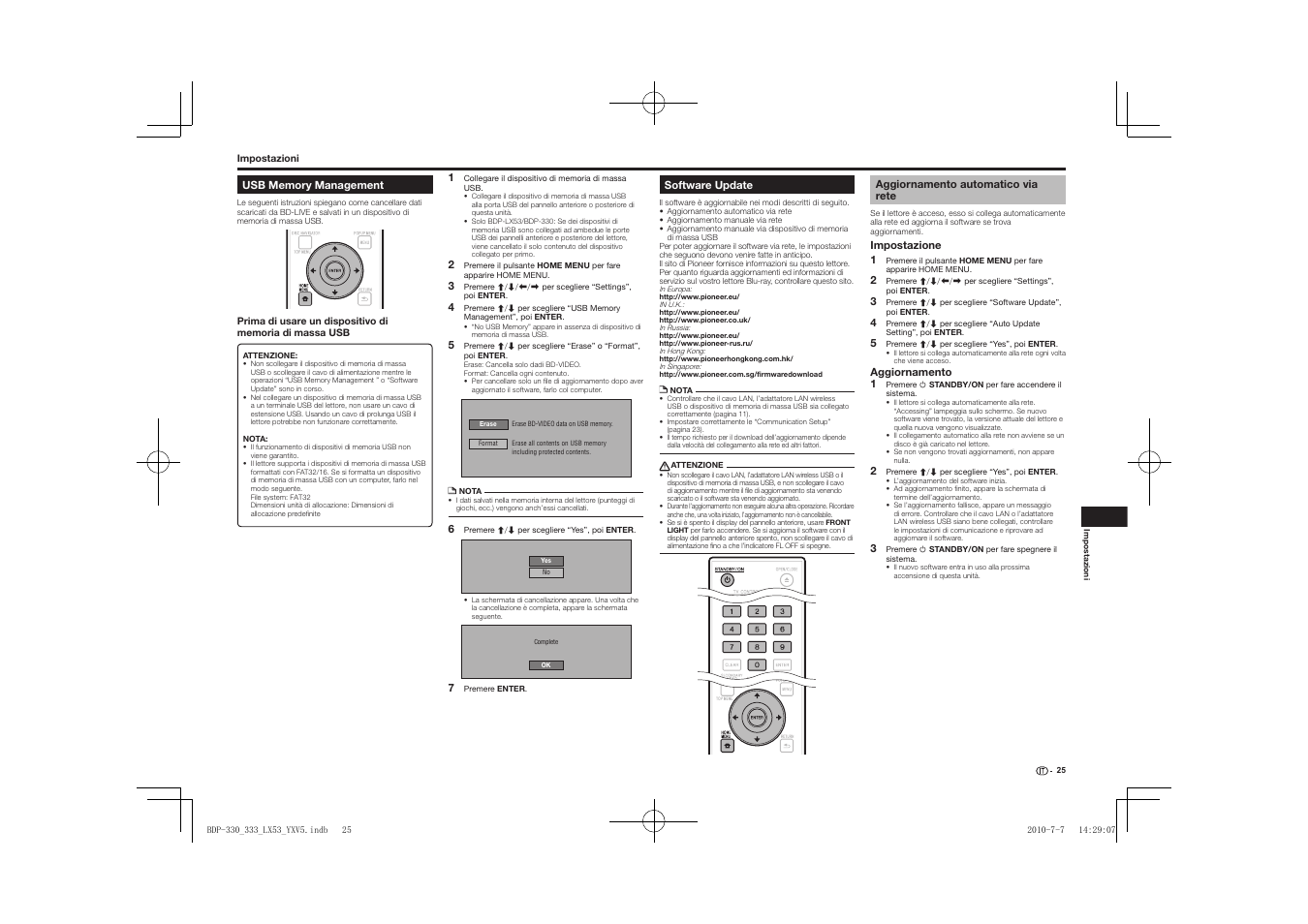 Usb memory management software update, Aggiornamento automatico via rete | Pioneer BDP-LX53 User Manual | Page 87 / 156