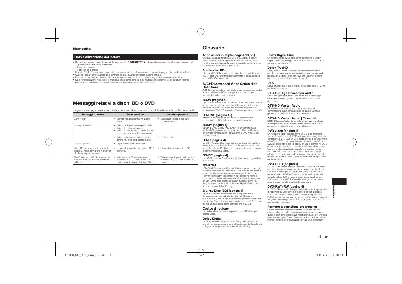Reinizializzazione del lettore, Messaggi relativi a dischi bd o dvd glossario, Glossario | Messaggi relativi a dischi bd o dvd | Pioneer BDP-LX53 User Manual | Page 91 / 156