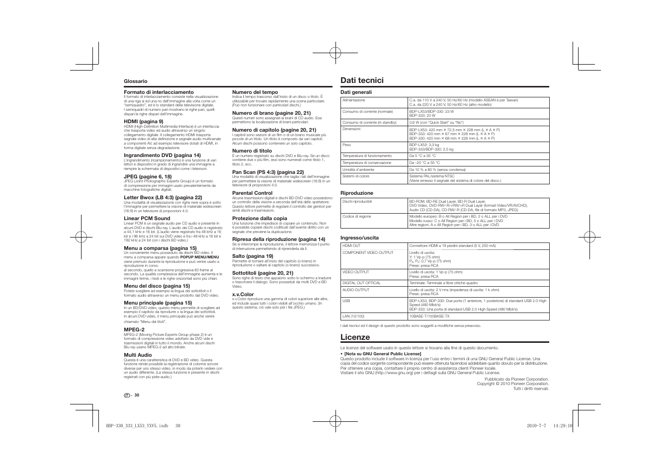 Dati tecnici licenze, Dati tecnici, Licenze | Pioneer BDP-LX53 User Manual | Page 92 / 156