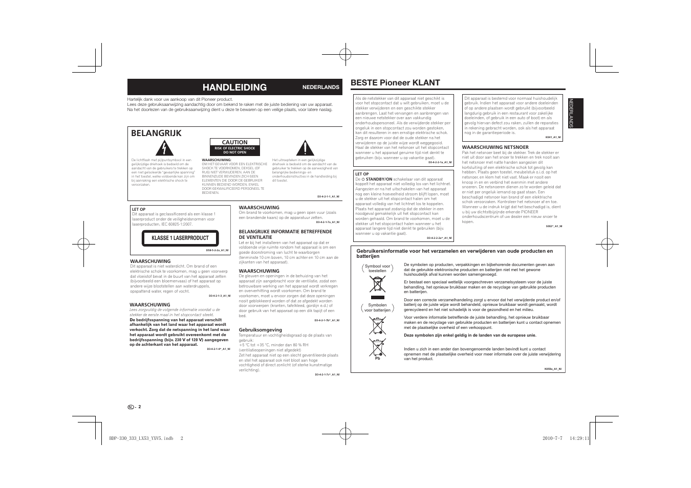 Handleiding, Belangrijk, Beste pioneer klant | Pioneer BDP-LX53 User Manual | Page 94 / 156