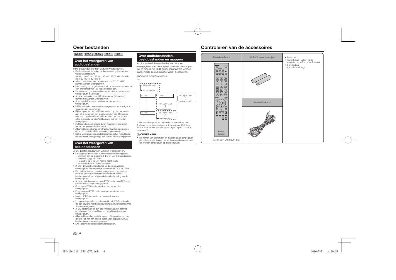 Over bestanden, Controleren van de accessoires, Controleren van de accessoires over bestanden | Pioneer BDP-LX53 User Manual | Page 98 / 156