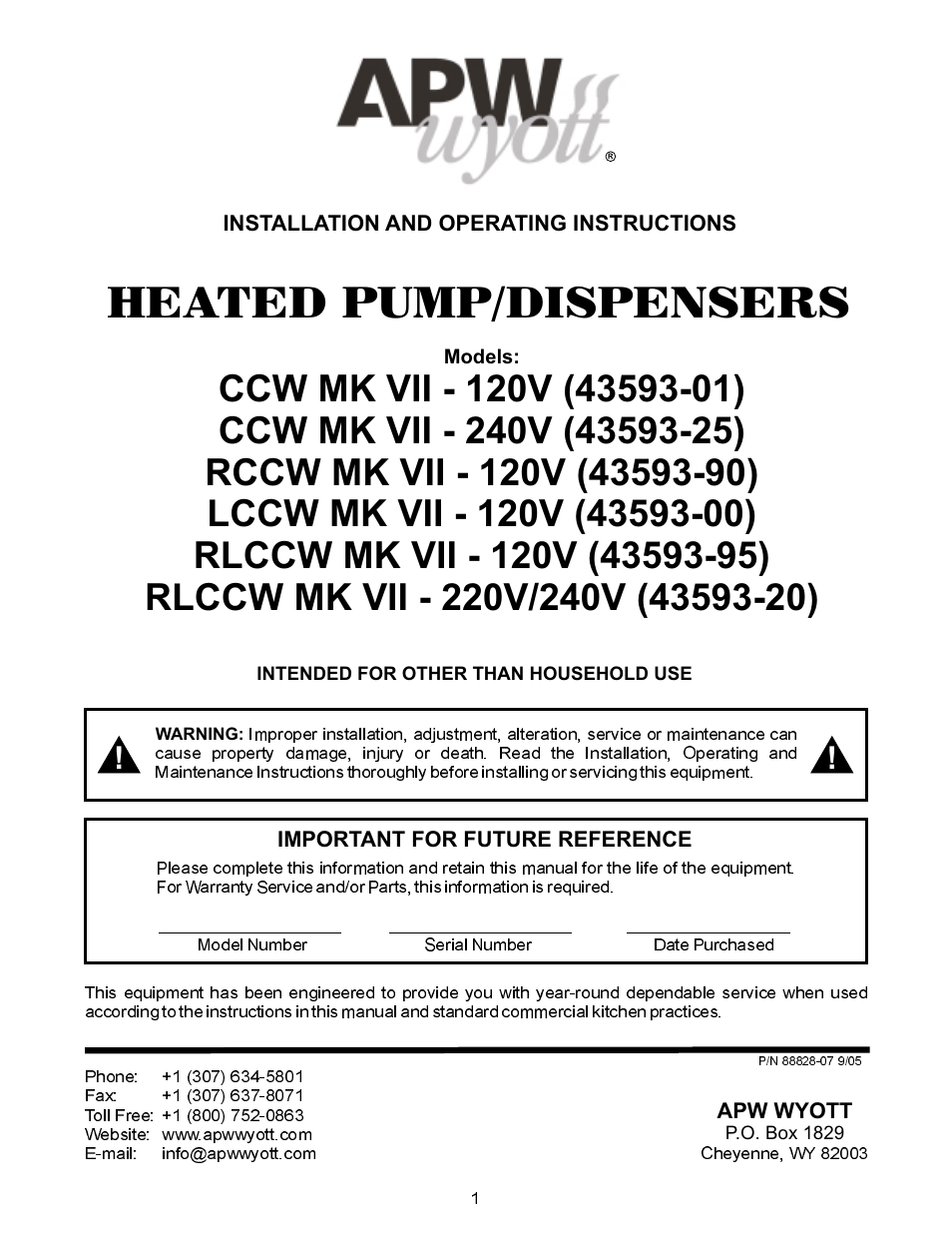 APW Wyott Heated Pump/Dispenser CCW MK VII - 120V User Manual | 8 pages