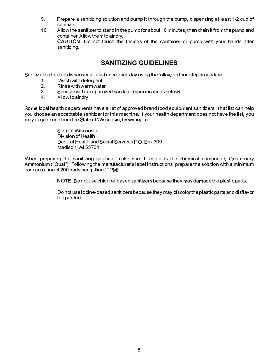Sanitizing guidelines | APW Wyott Heated Pump/Dispenser CCW MK VII - 120V User Manual | Page 5 / 8