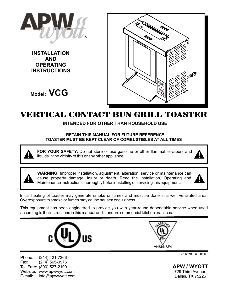 APW Wyott VCG User Manual | 20 pages