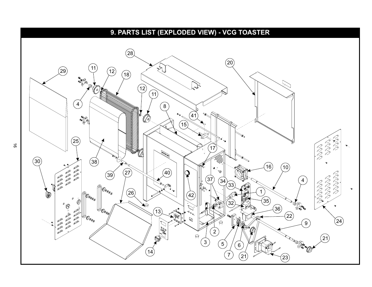 Parts list (exploded view) - vcg toaster | APW Wyott VCG User Manual | Page 16 / 20