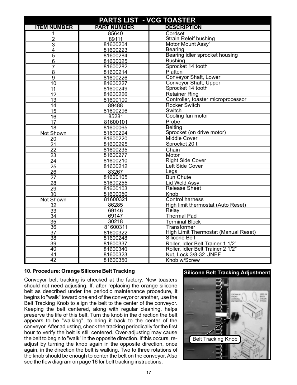 Parts list - vcg toaster | APW Wyott VCG User Manual | Page 17 / 20