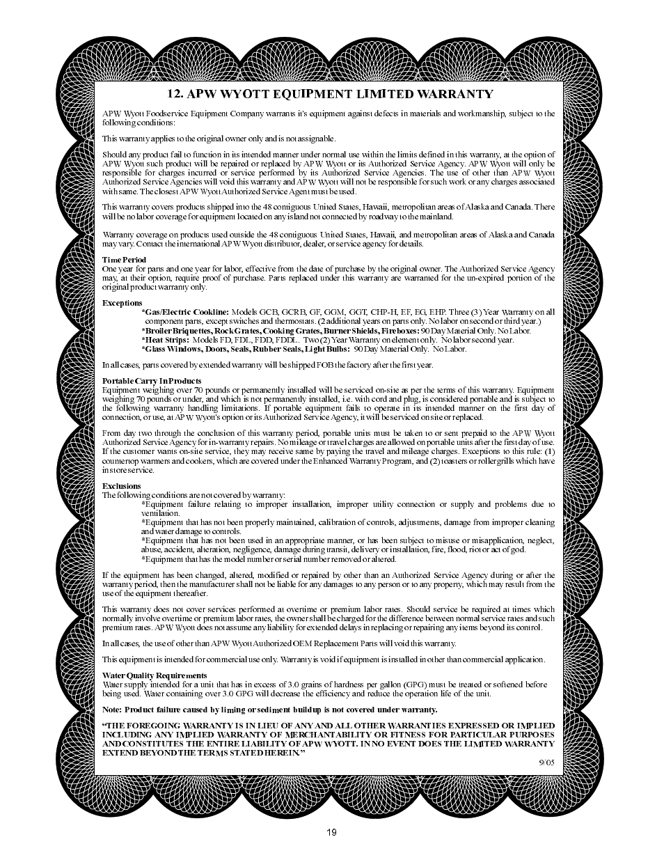 Apw wyott equipment limited warranty | APW Wyott VCG User Manual | Page 19 / 20