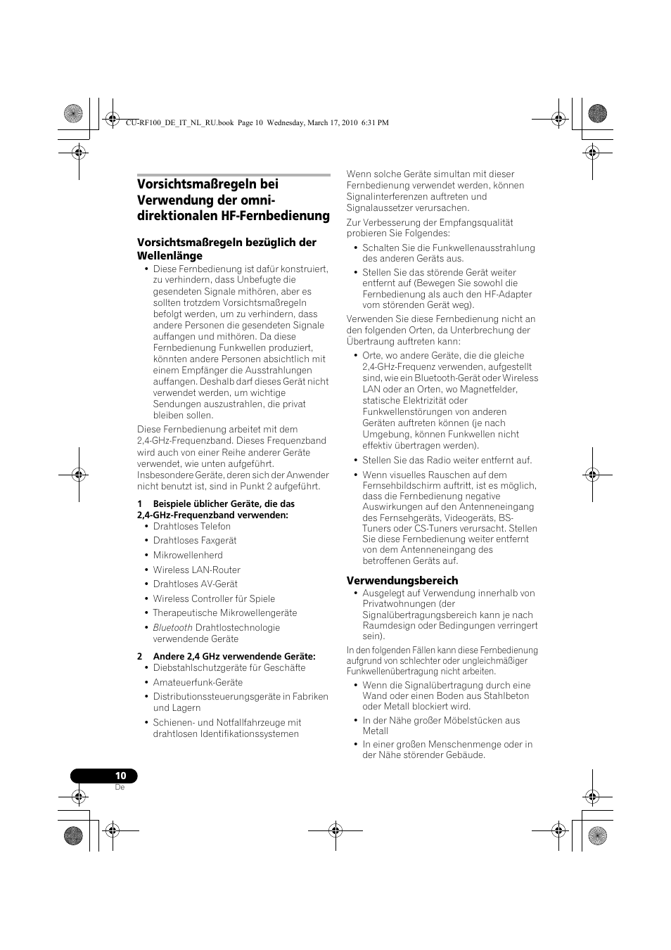 Vorsichtsmaßregeln bezüglich der wellenlänge, 2 andere 2,4 ghz verwendende geräte, Verwendungsbereich | Pioneer CU-RF100-U User Manual | Page 10 / 108
