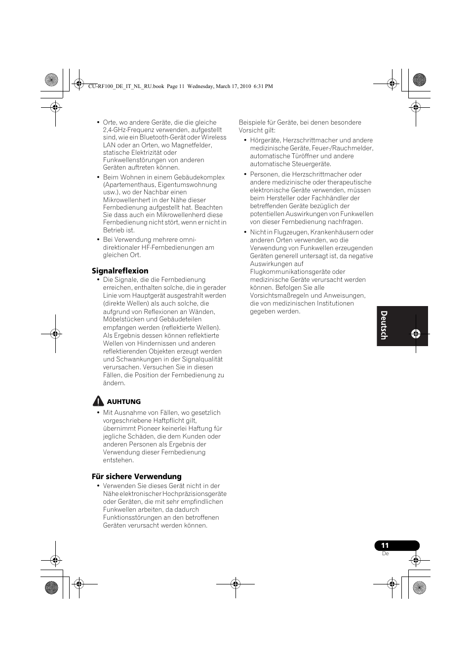 Signalreflexion, Auhtung, Für sichere verwendung | Pioneer CU-RF100-U User Manual | Page 11 / 108