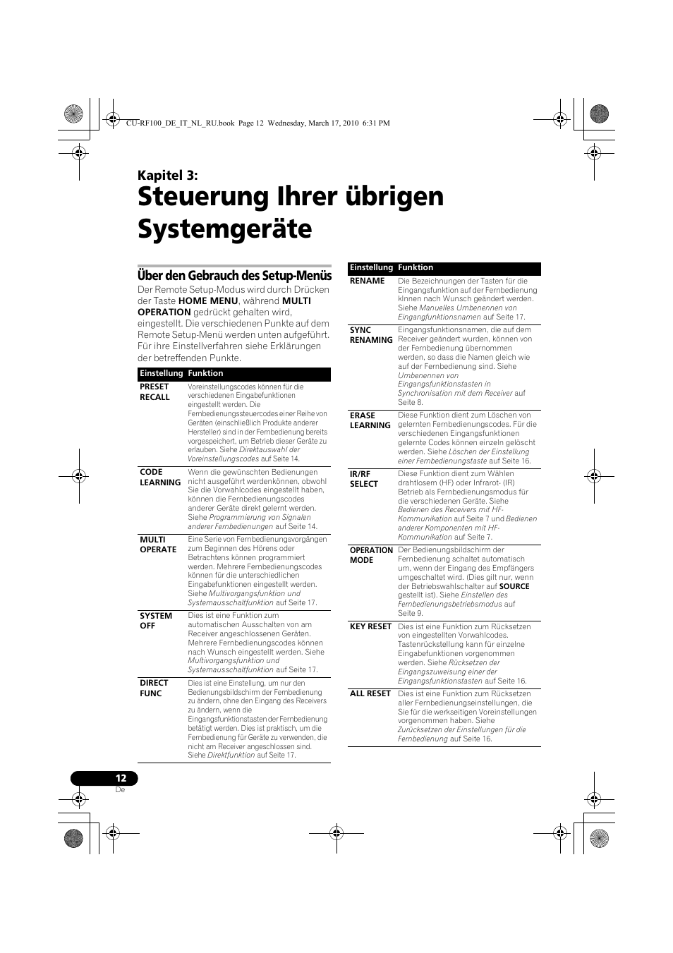 Steuerung ihrer übrigen systemgeräte, Über den gebrauch des setup-menüs, 03 steuerung ihrer übrigen systemgeräte | Kapitel 3 | Pioneer CU-RF100-U User Manual | Page 12 / 108