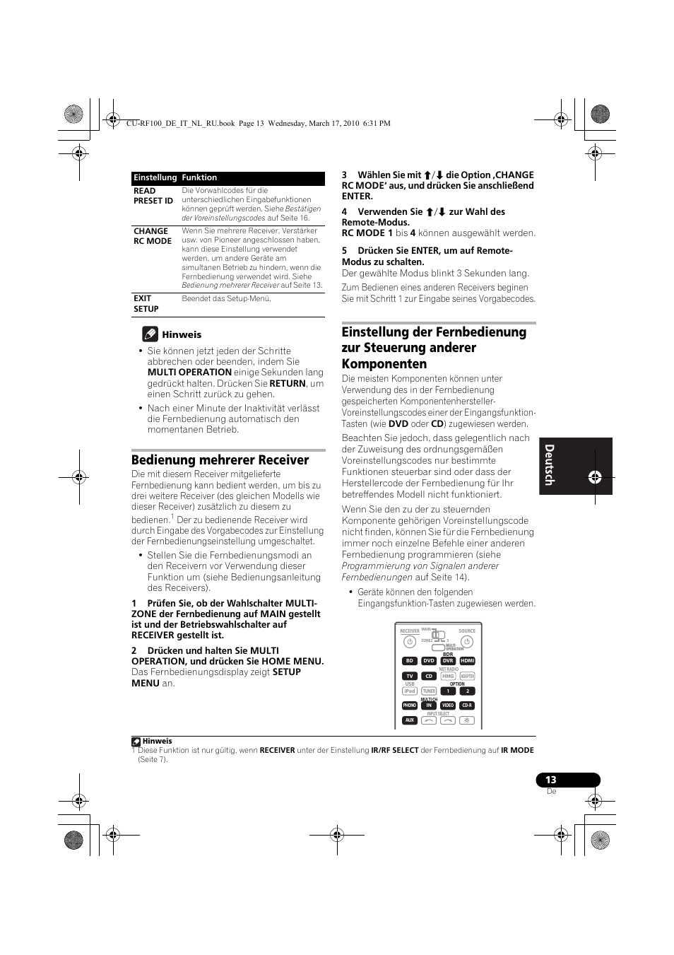 Hinweis, Bedienung mehrerer receiver, 4 verwenden sie i/j zur wahl des remote-modus | Pioneer CU-RF100-U User Manual | Page 13 / 108