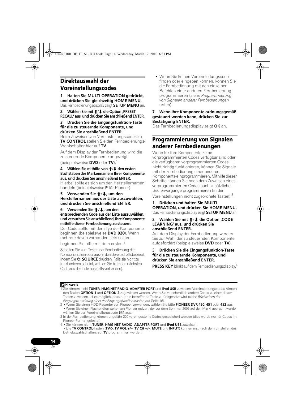 Direktauswahl der voreinstellungscodes | Pioneer CU-RF100-U User Manual | Page 14 / 108