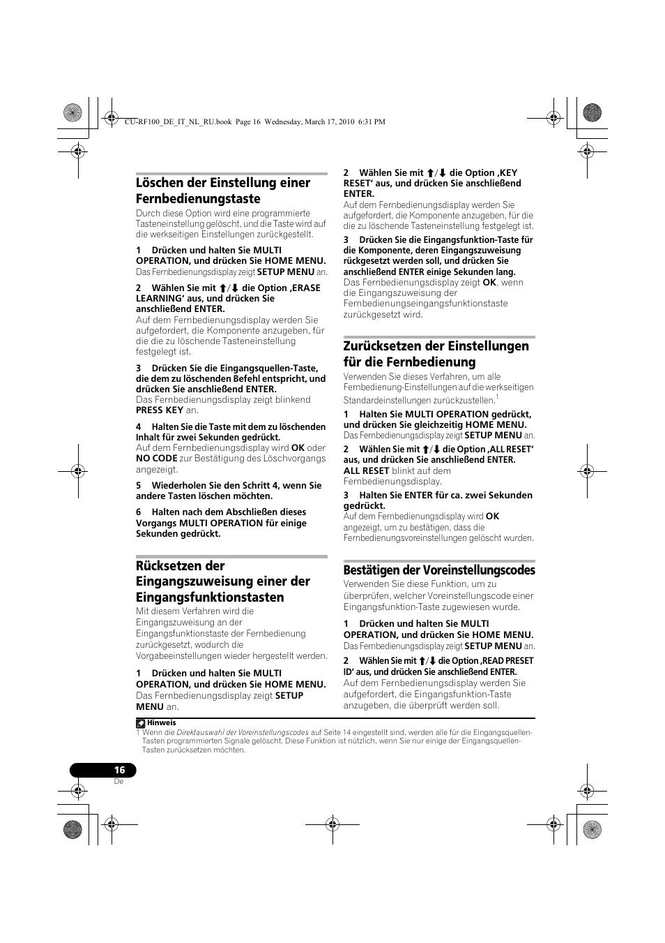 Löschen der einstellung einer fernbedienungstaste, 3 halten sie enter für ca. zwei sekunden gedrückt, Bestätigen der voreinstellungscodes | Pioneer CU-RF100-U User Manual | Page 16 / 108