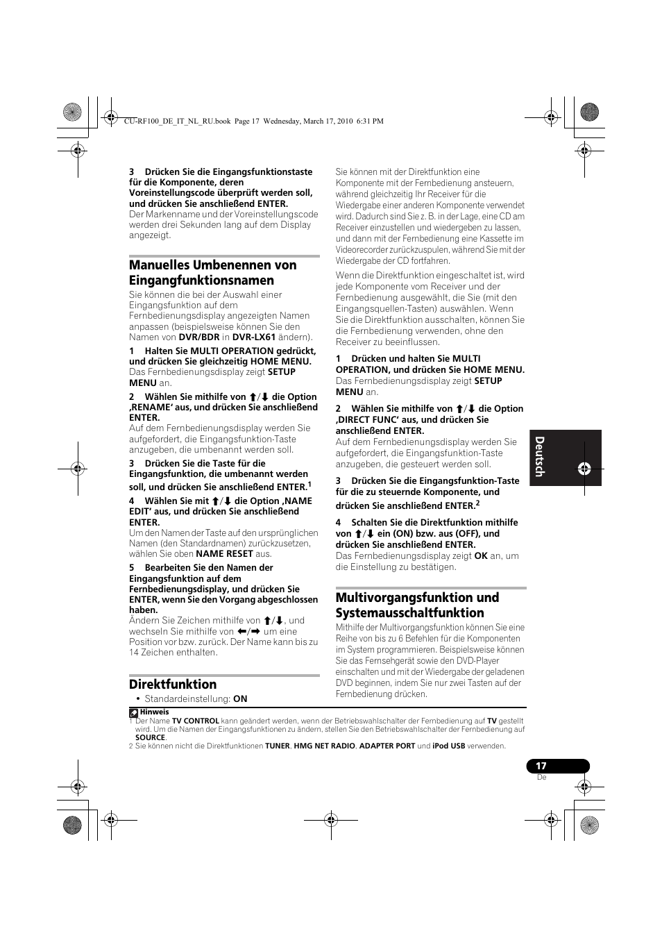 Manuelles umbenennen von eingangfunktionsnamen, Direktfunktion, Multivorgangsfunktion und systemausschaltfunktion | Pioneer CU-RF100-U User Manual | Page 17 / 108