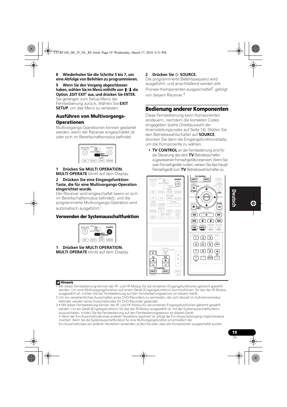 Ausführen von multivorgangs- operationen, 1 drücken sie multi operation, Verwenden der systemausschaltfunktion | 2 drücken sie u source, Bedienung anderer komponenten, Ausführen von multivorgangs-operationen, Gefolgt von diesem receiver | Pioneer CU-RF100-U User Manual | Page 19 / 108