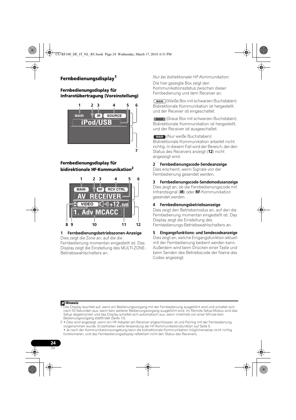 Fernbedienungsdisplay, 1 fernbedienungsbetriebszonen-anzeige, 2 fernbedienungscode-sendeanzeige | 3 fernbedienungscode-sendemodusanzeige, 4 fernbedienungsbetriebsanzeige, 5 eingangsfunktions- und sendecodeanzeige, Ipod/usb, Av receiver 1. adv mcacc +12 | Pioneer CU-RF100-U User Manual | Page 24 / 108