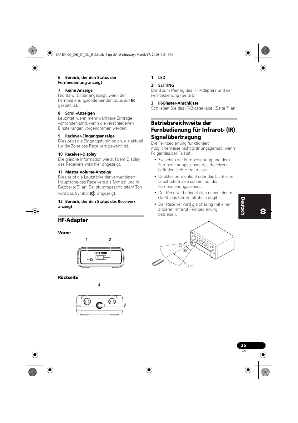 7 keine anzeige, 8 scroll-anzeigen, 9 reciever-eingangsanzeige | 10 receiver-display, 11 master volume-anzeige, 12 bereich, der den status des receivers anzeigt, Hf-adapter, Vorne, Rückseite, 1 led | Pioneer CU-RF100-U User Manual | Page 25 / 108