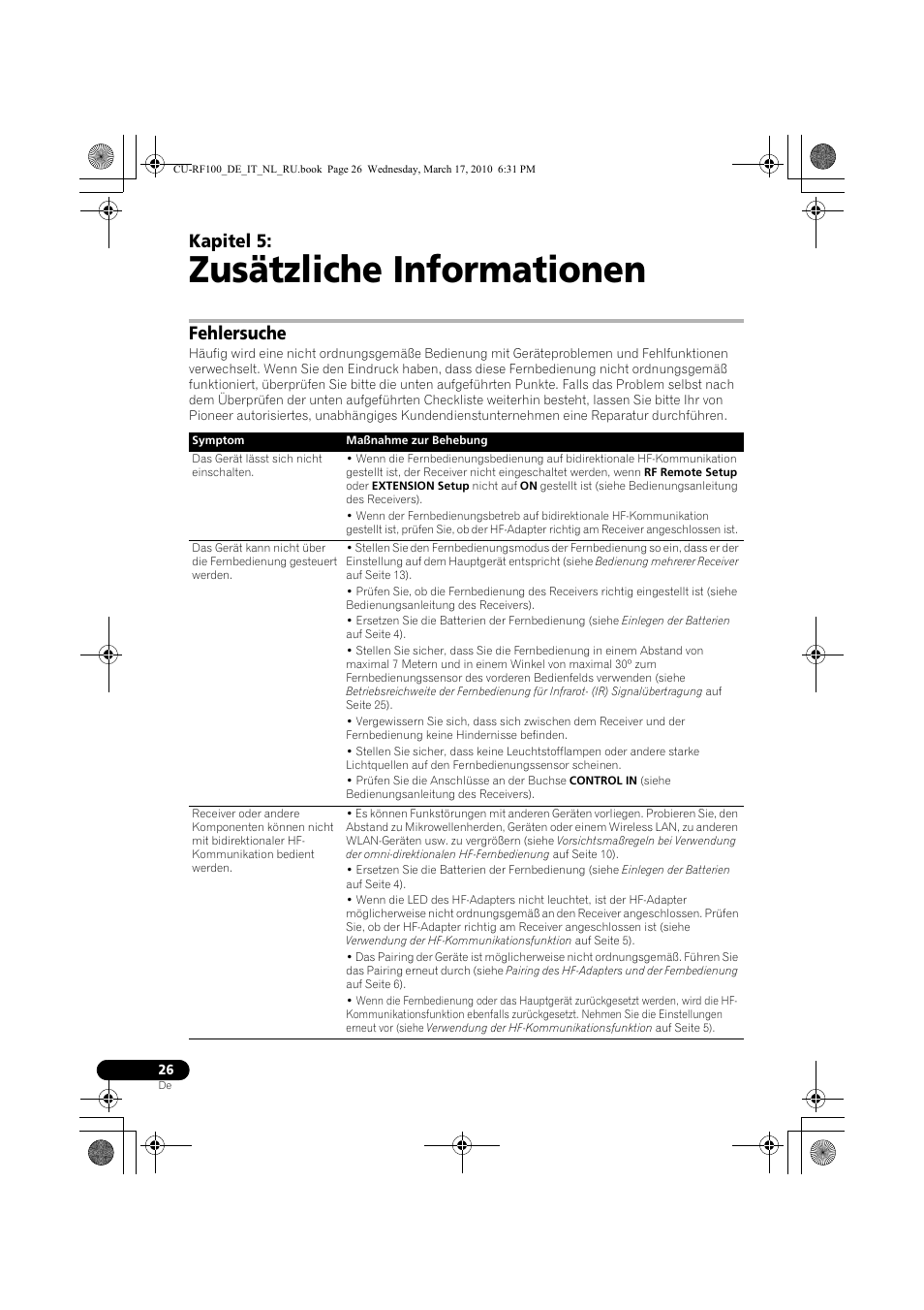 Zusätzliche informationen, Fehlersuche, 05 zusätzliche informationen | Kapitel 5 | Pioneer CU-RF100-U User Manual | Page 26 / 108