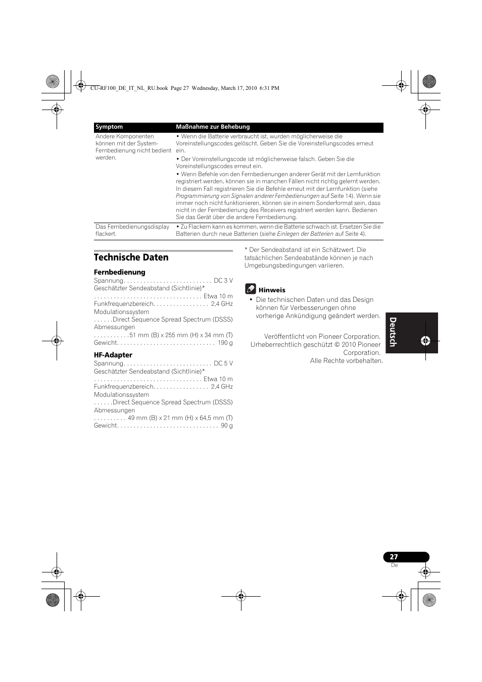 Technische daten, Fernbedienung, Hf-adapter | Hinweis | Pioneer CU-RF100-U User Manual | Page 27 / 108