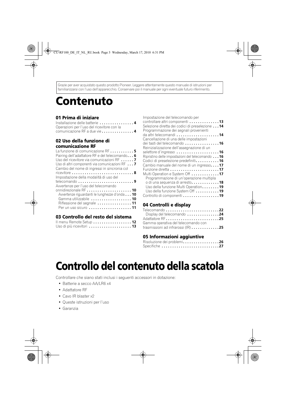Contenuto, Controllo del contenuto della scatola, Français n ederlands es pa ño l deut sc h | Pioneer CU-RF100-U User Manual | Page 29 / 108