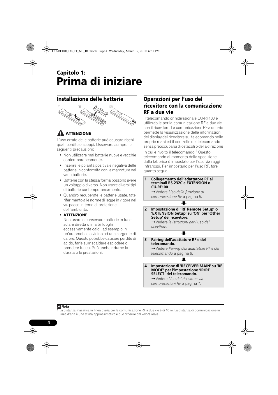 Prima di iniziare, Installazione delle batterie, Attenzione | 3 pairing dell’adattatore rf e del telecomando, 01 prima di iniziare, Capitolo 1 | Pioneer CU-RF100-U User Manual | Page 30 / 108