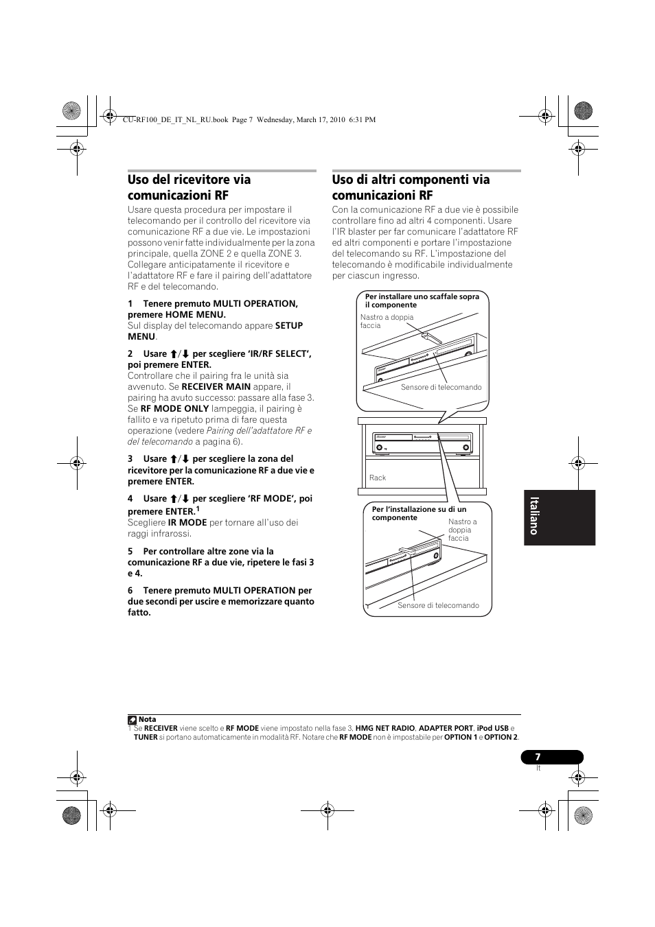 Uso del ricevitore via comunicazioni rf, Uso di altri componenti via comunicazioni rf | Pioneer CU-RF100-U User Manual | Page 33 / 108