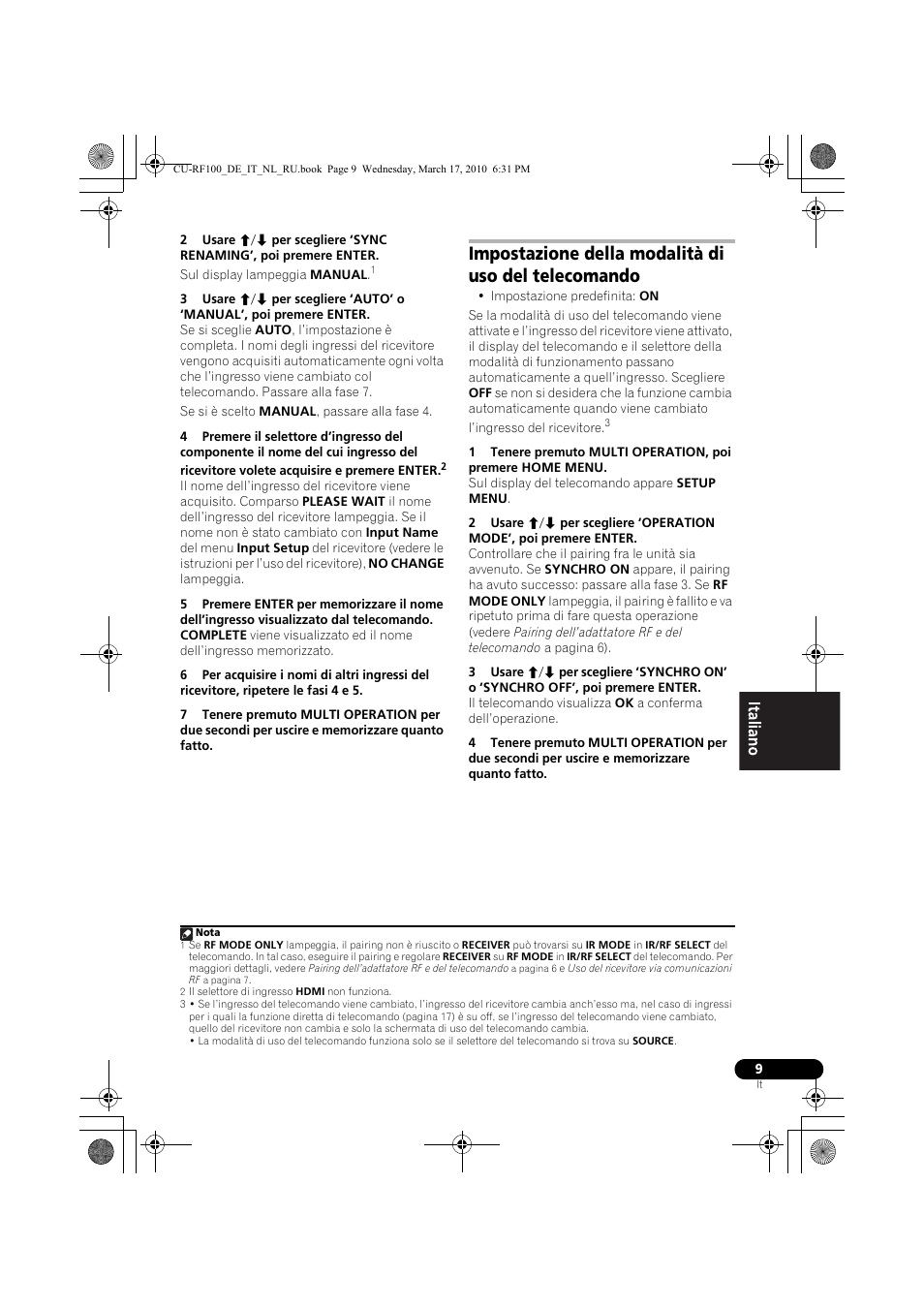 Impostazione della modalità di uso del telecomando | Pioneer CU-RF100-U User Manual | Page 35 / 108