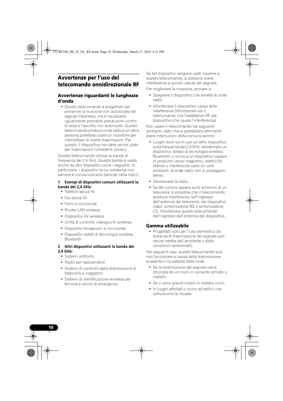 Avvertenze riguardanti le lunghezze d’onda, Gamma utilizzabile | Pioneer CU-RF100-U User Manual | Page 36 / 108