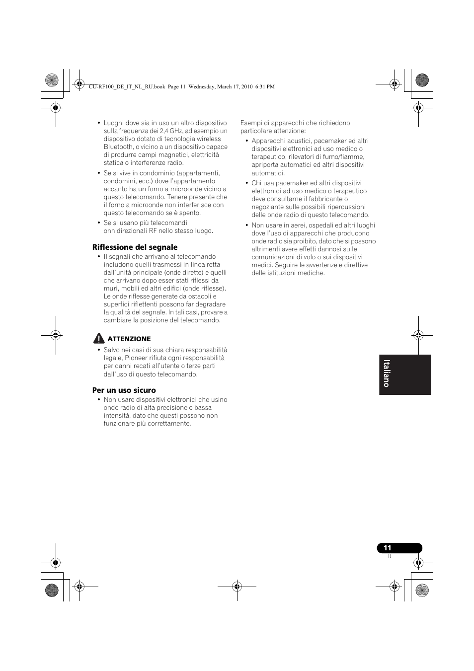 Riflessione del segnale, Attenzione, Per un uso sicuro | Pioneer CU-RF100-U User Manual | Page 37 / 108