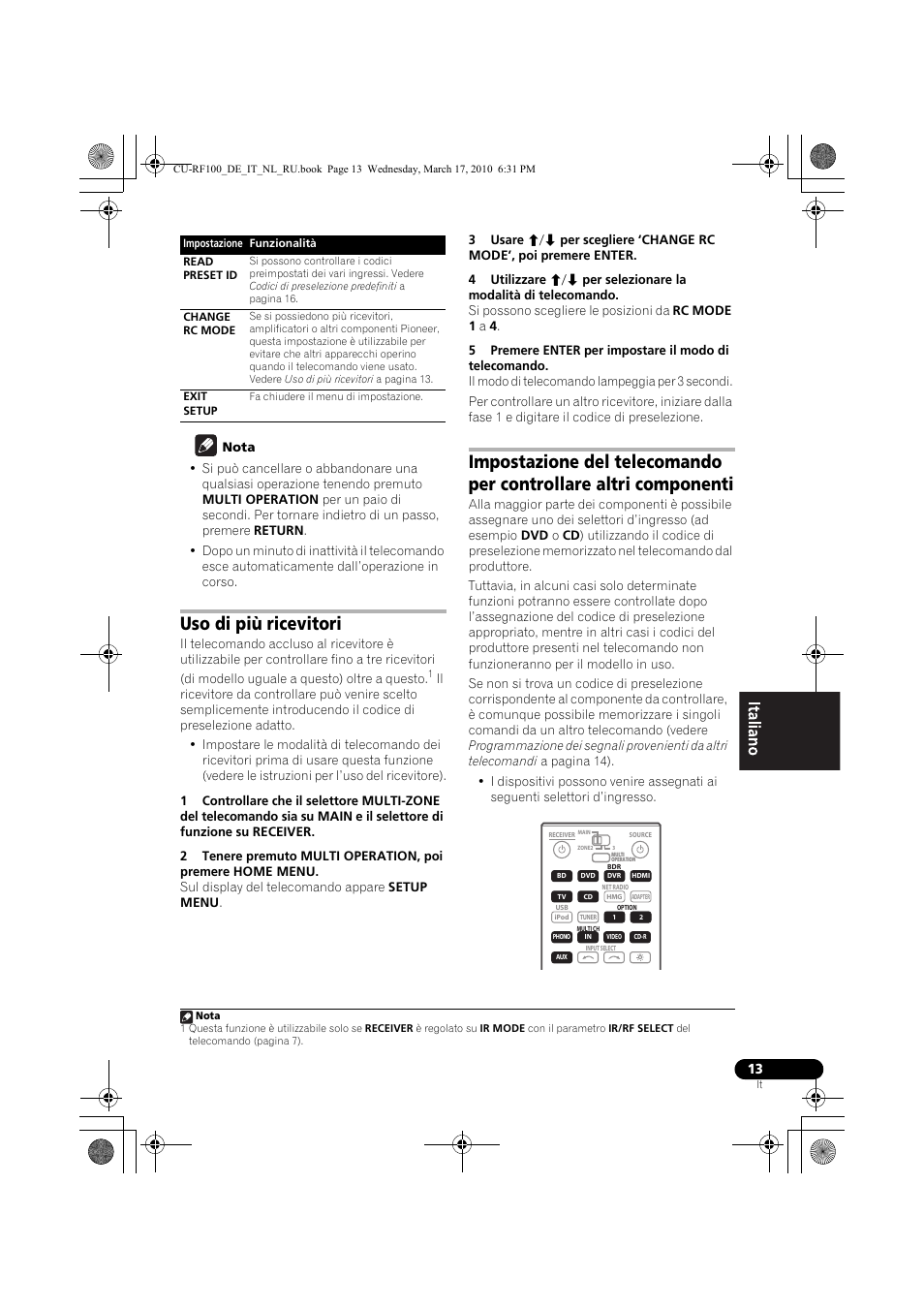 Nota, Uso di più ricevitori | Pioneer CU-RF100-U User Manual | Page 39 / 108