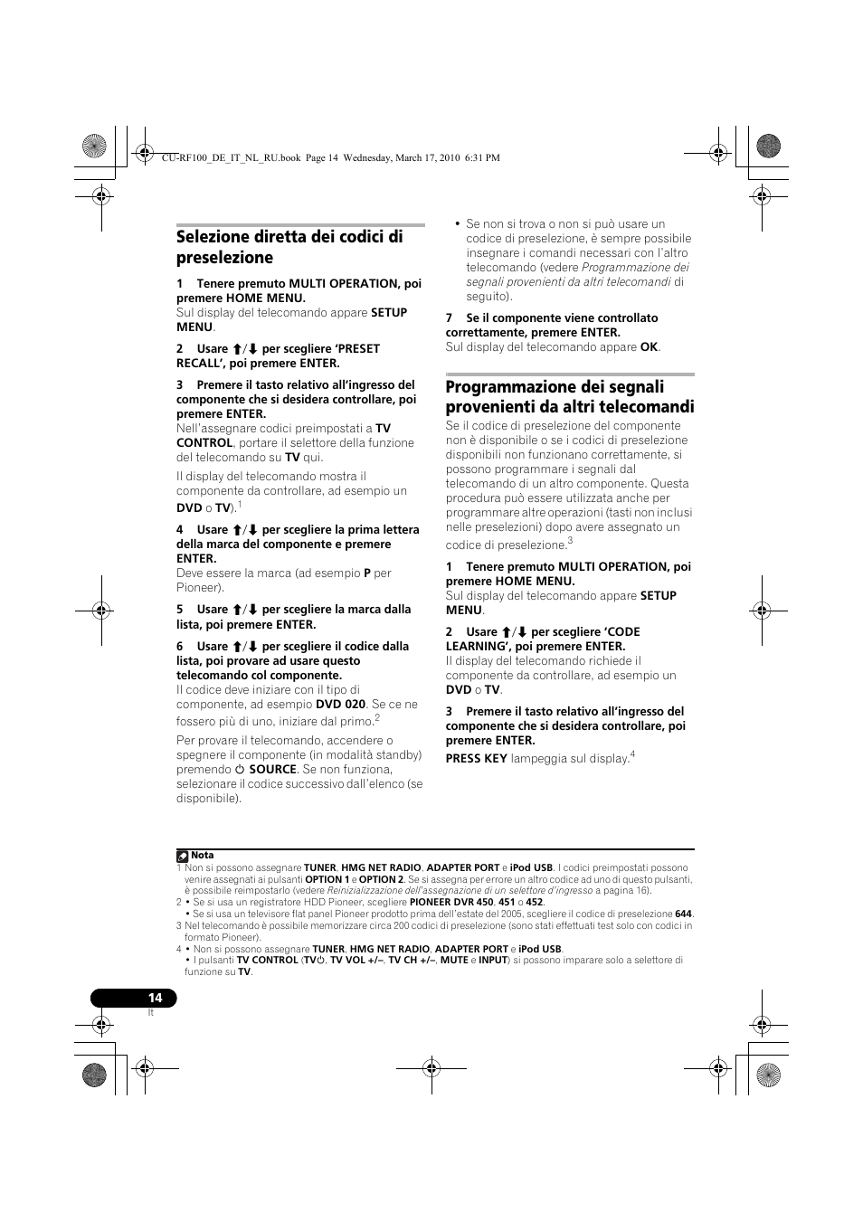 Selezione diretta dei codici di preselezione | Pioneer CU-RF100-U User Manual | Page 40 / 108