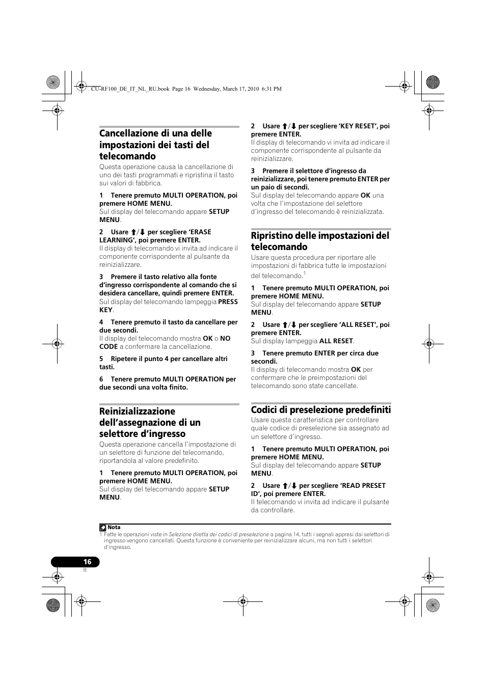 5 ripetere il punto 4 per cancellare altri tasti, Ripristino delle impostazioni del telecomando, 3 tenere premuto enter per circa due secondi | Codici di preselezione predefiniti | Pioneer CU-RF100-U User Manual | Page 42 / 108