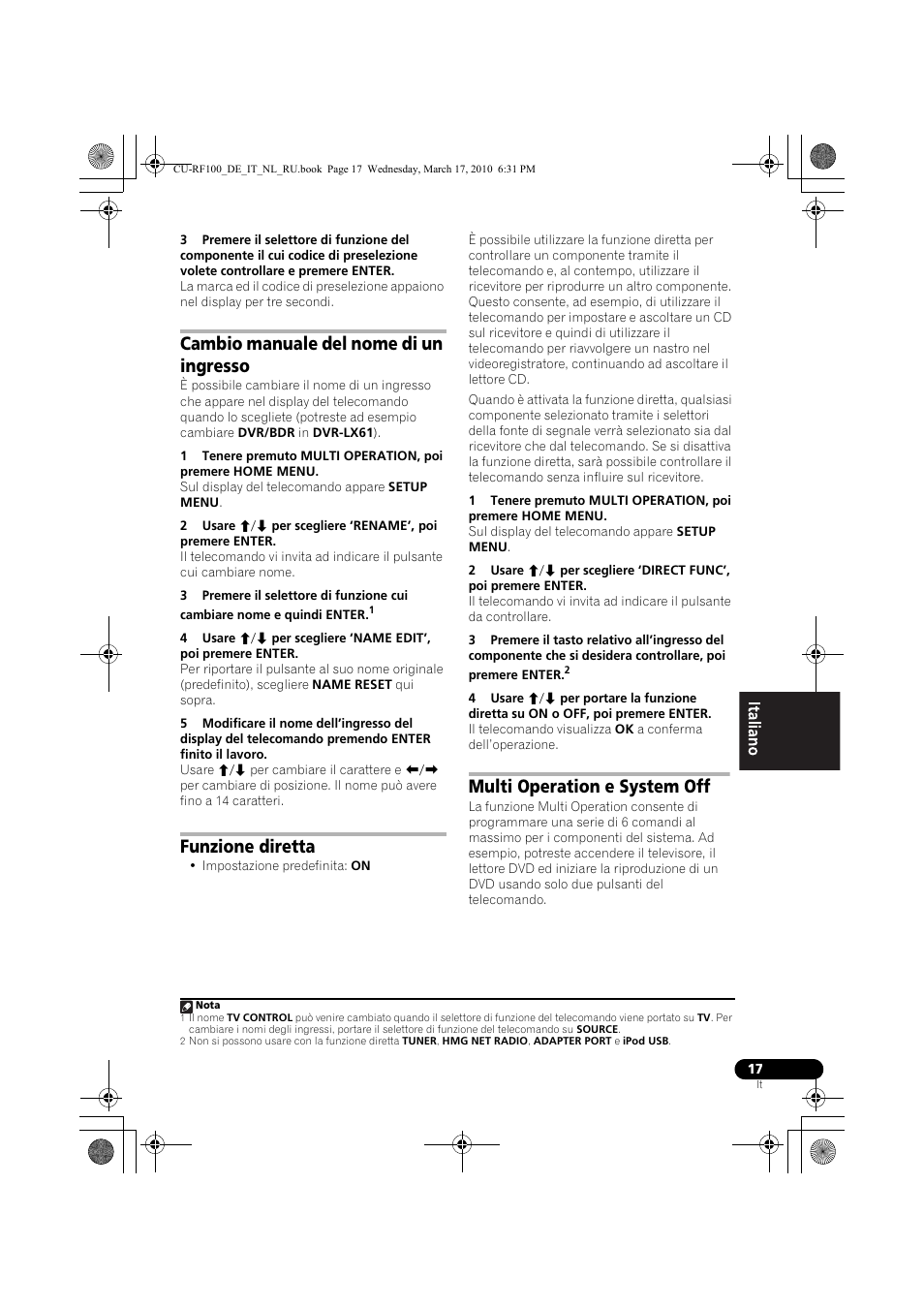 Cambio manuale del nome di un ingresso, Funzione diretta, Multi operation e system off | Pioneer CU-RF100-U User Manual | Page 43 / 108
